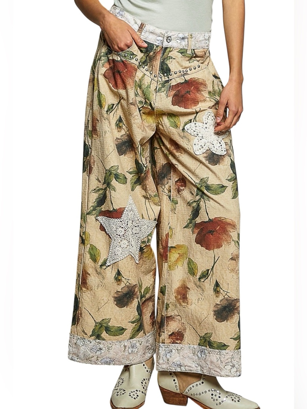 POL Boho Wide-Leg Pants in Beige, Green, Rust, Lace Star & Floral Embellishments